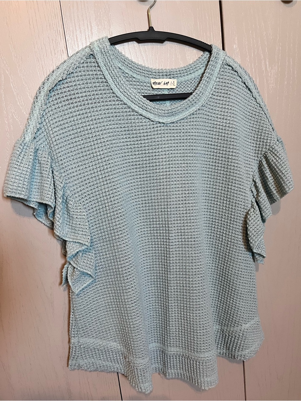 Waffle Knit Ruffle Sleeve Top in Light Blue